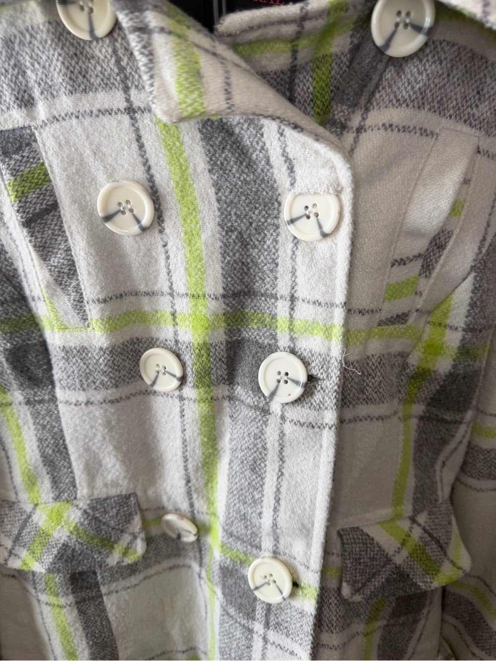 Body Central Gray, White & Lime Plaid Double-Breasted Pea Coat - Picture 4 of 4